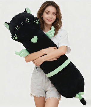 Kawaii Zwarte Kat Pluche Knuffelkussen met Vleugels - Extra Lang Slaapkussen voor Bank of Bed