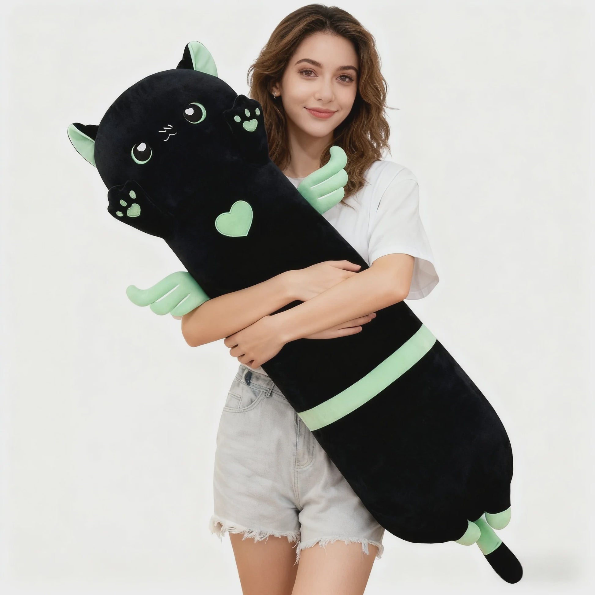 Kawaii Zwarte Kat Pluche Knuffelkussen met Vleugels - Extra Lang Slaapkussen voor Bank of Bed