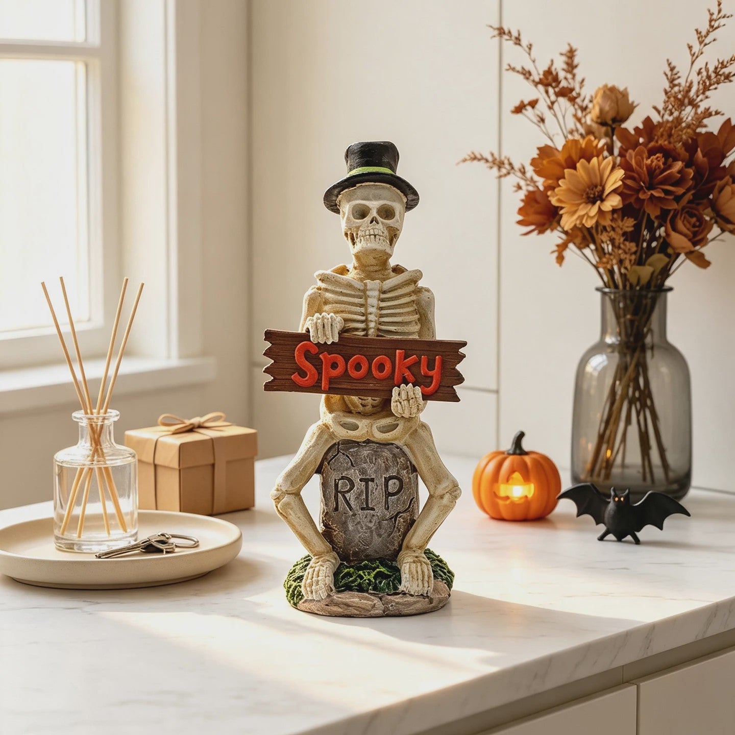 Halloween Skelet Figuur met 'Spooky' Bord - Spookachtige Decoratie voor Huis & Feest
