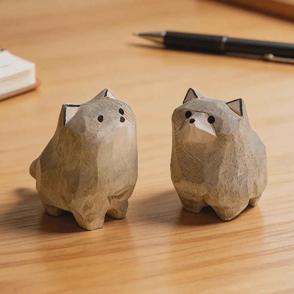Handgemaakte Houten Mini Wolf Beeldje - Schattig Dieren Decoratie voor Bureau