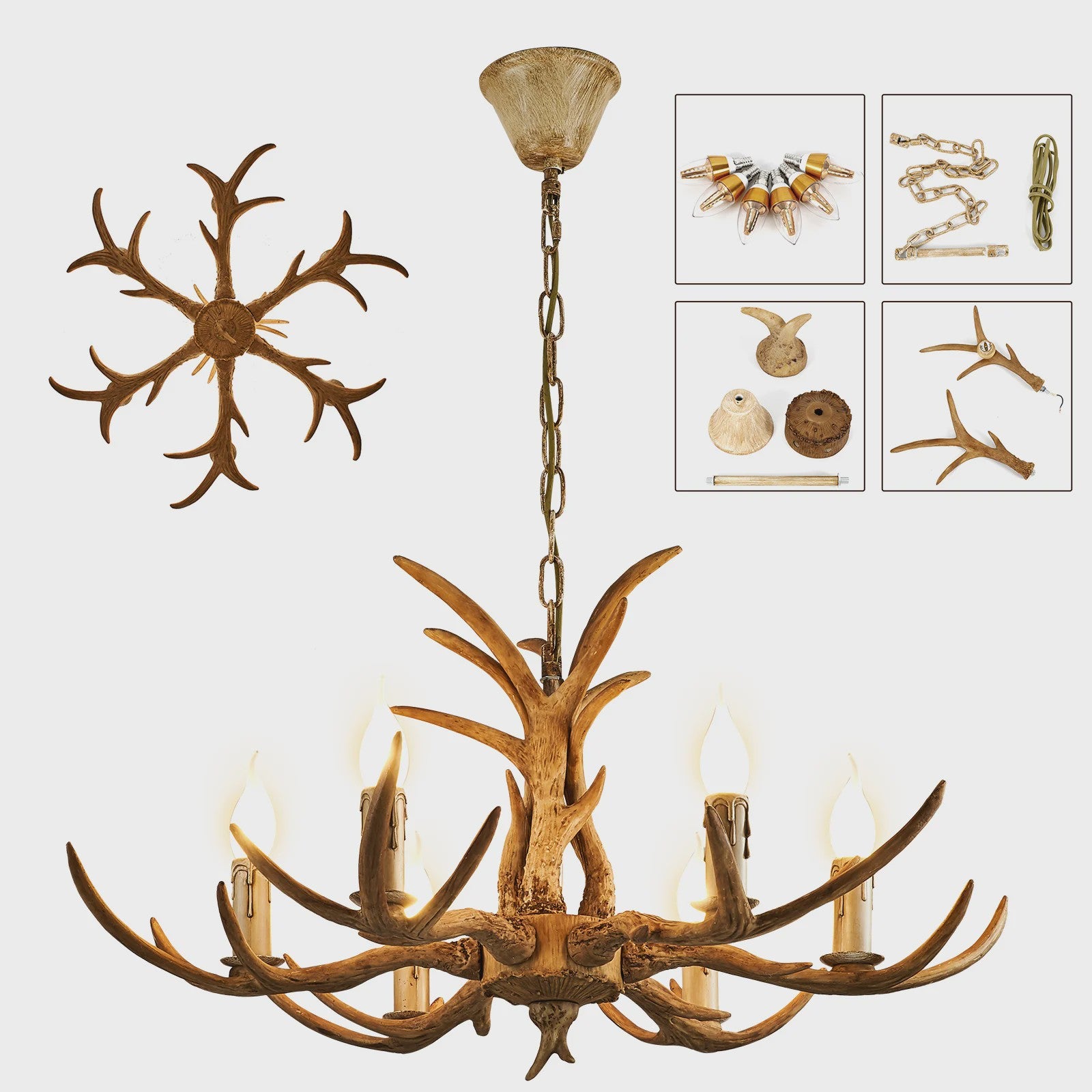 Vintage Herten Gewei Kroonluchter - 6-Lichts Hanglamp in Bruin
