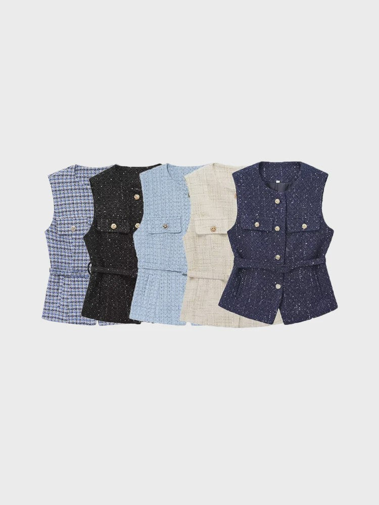 Chic Dames Gilet van Tweed met Riem - Mouwloos & Stijlvol Bovenstuk