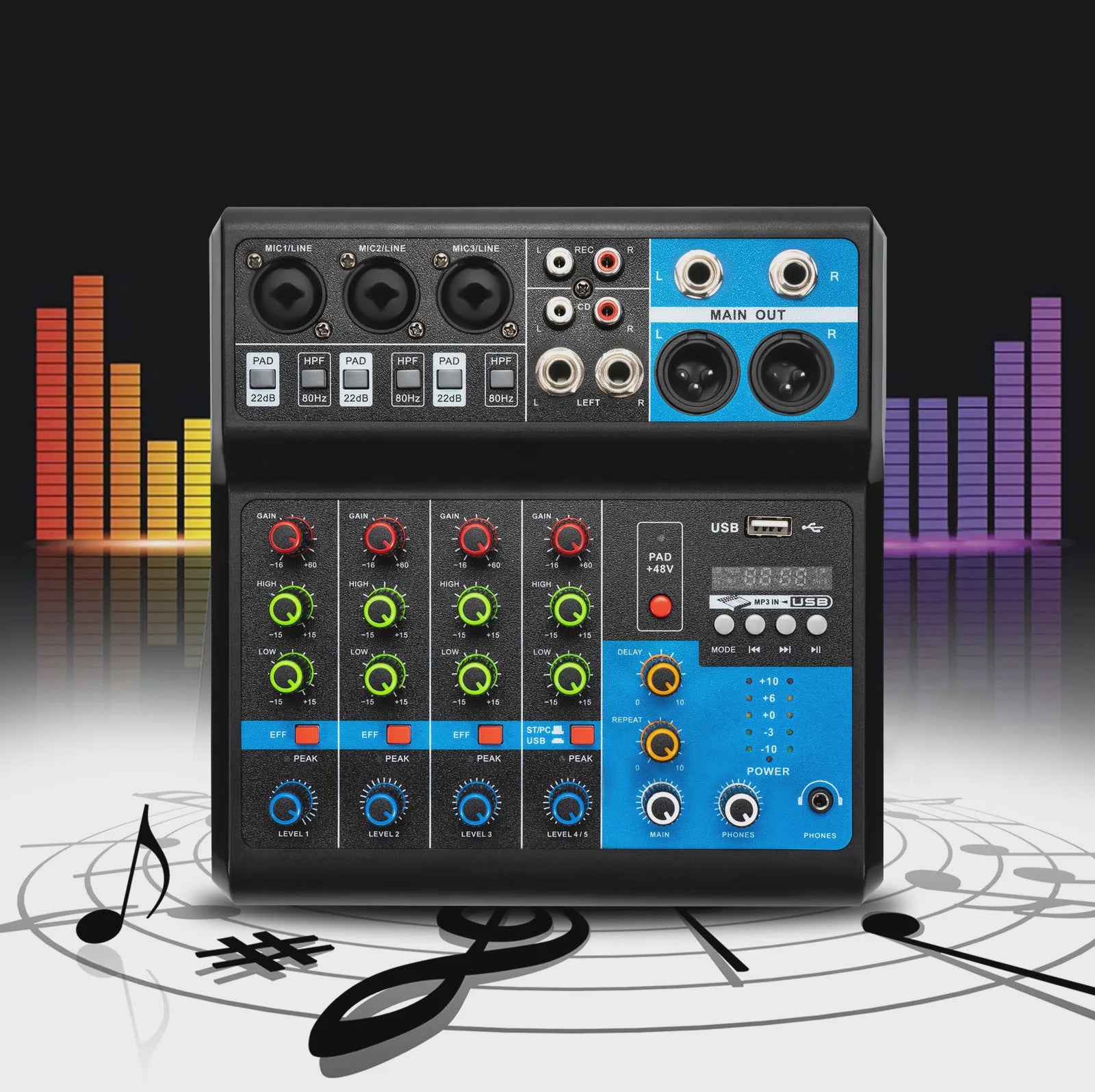5-Kanaals Audio Mixer met 48V Fantoomvoeding, Bluetooth 5.0 & USB - Professionele Geluidskaart voor Streaming & KTV