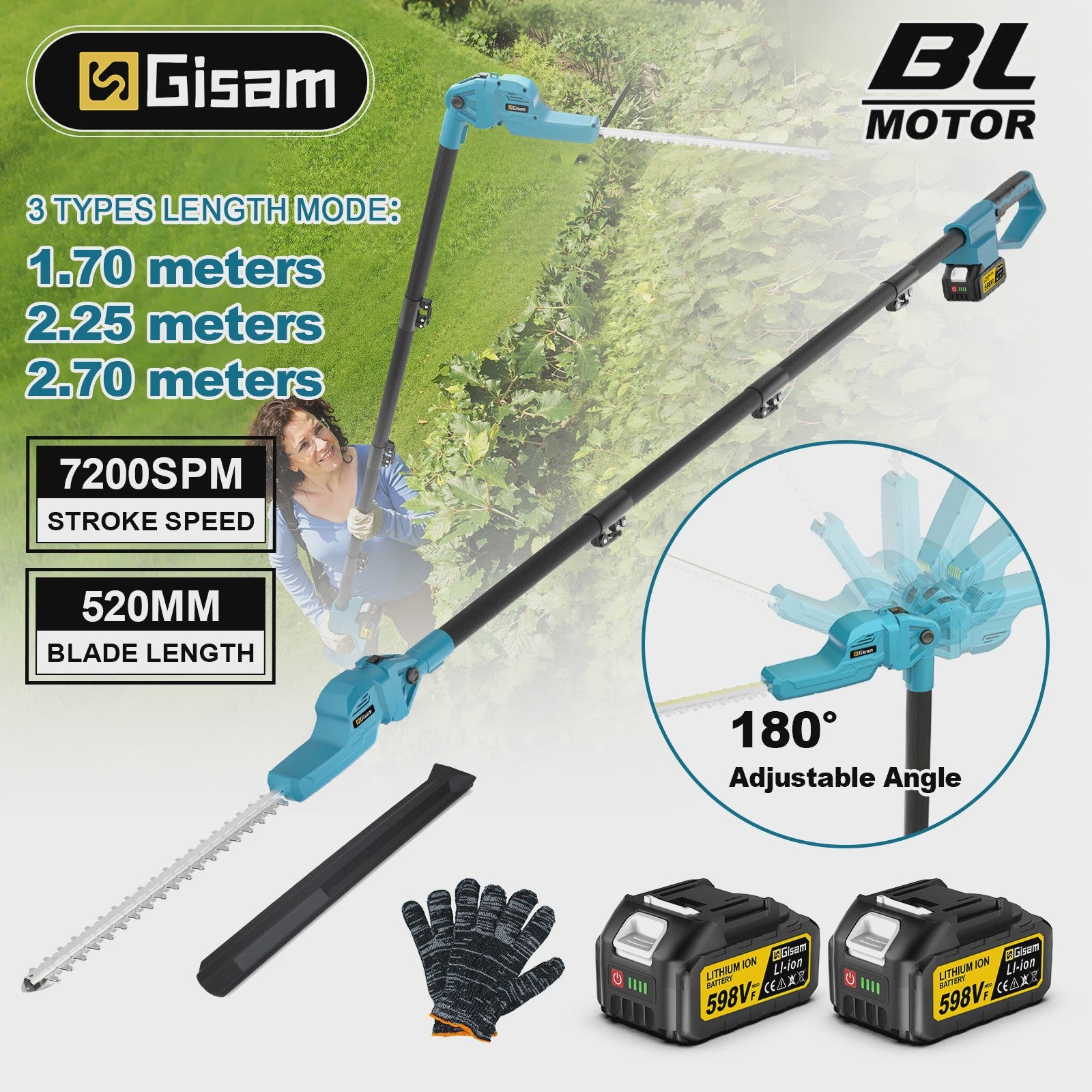 Gisam Telescopische Heggenschaar - Snoerloos, Borstelloos, 7200SPM, 52cm Mes, 18V Makita Accu Compatibel