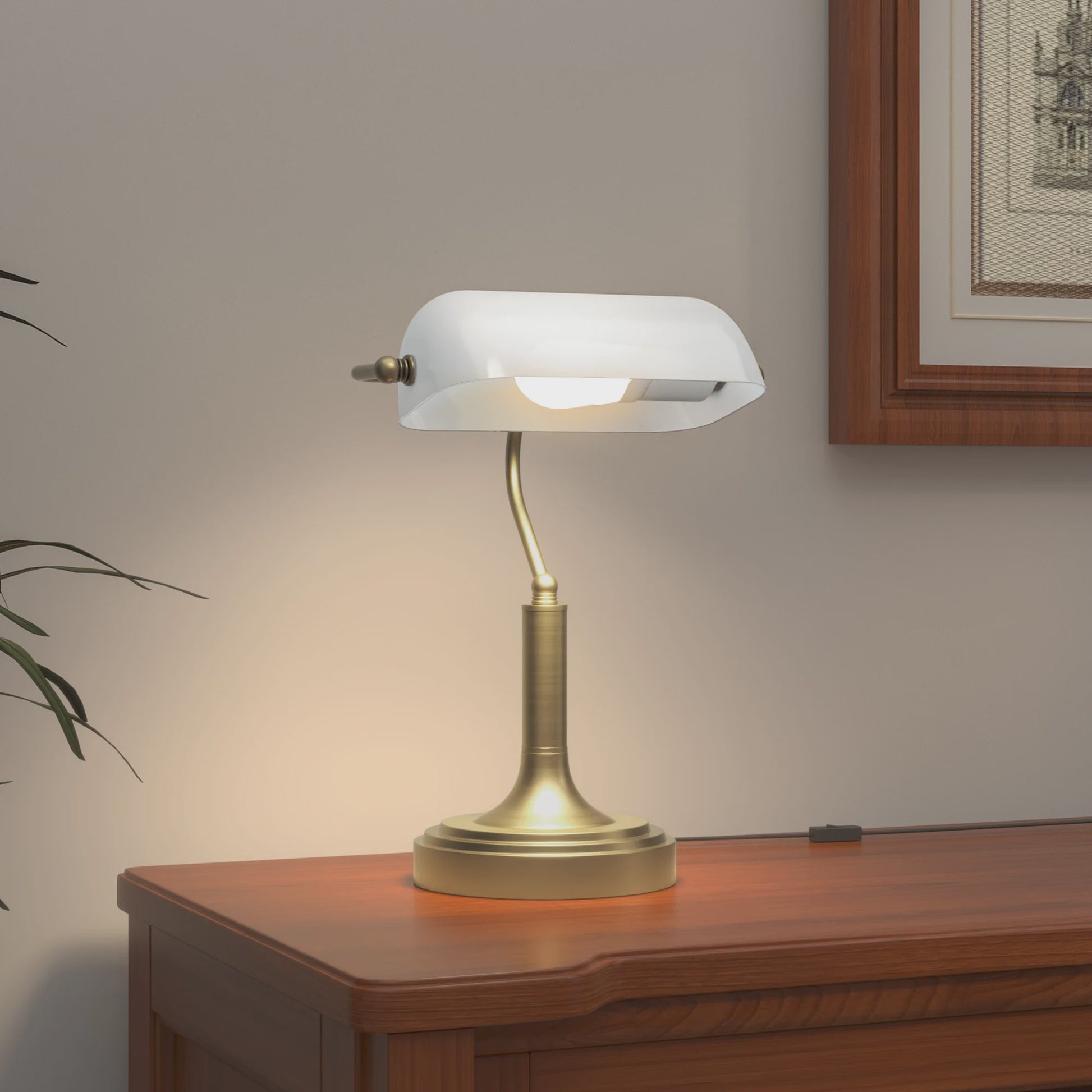 Klassieke Bankiers Bureaulamp met Verstelbare Witte Kap - E27 Fitting