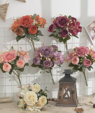 Retro Zijden Bloemenboeket: Vintage Rozen, Hortensia & Pioen voor Bruid & Decoratie