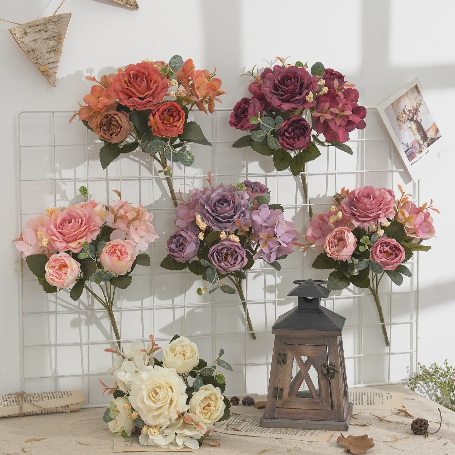 Retro Zijden Bloemenboeket: Vintage Rozen, Hortensia & Pioen voor Bruid & Decoratie