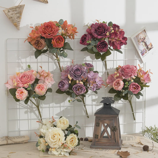 Retro Zijden Bloemenboeket: Vintage Rozen, Hortensia & Pioen voor Bruid & Decoratie
