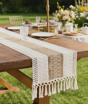 Bohemien Haakwerk Tafelrunner met Franje - Beige & Khaki - Sfeervolle Decoratie voor Binnen & Buiten