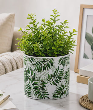 Decoratieve Keramische Bloempot met Groene Bladeren Print - 13x12cm Cilindrisch - Modern & Veelzijdig