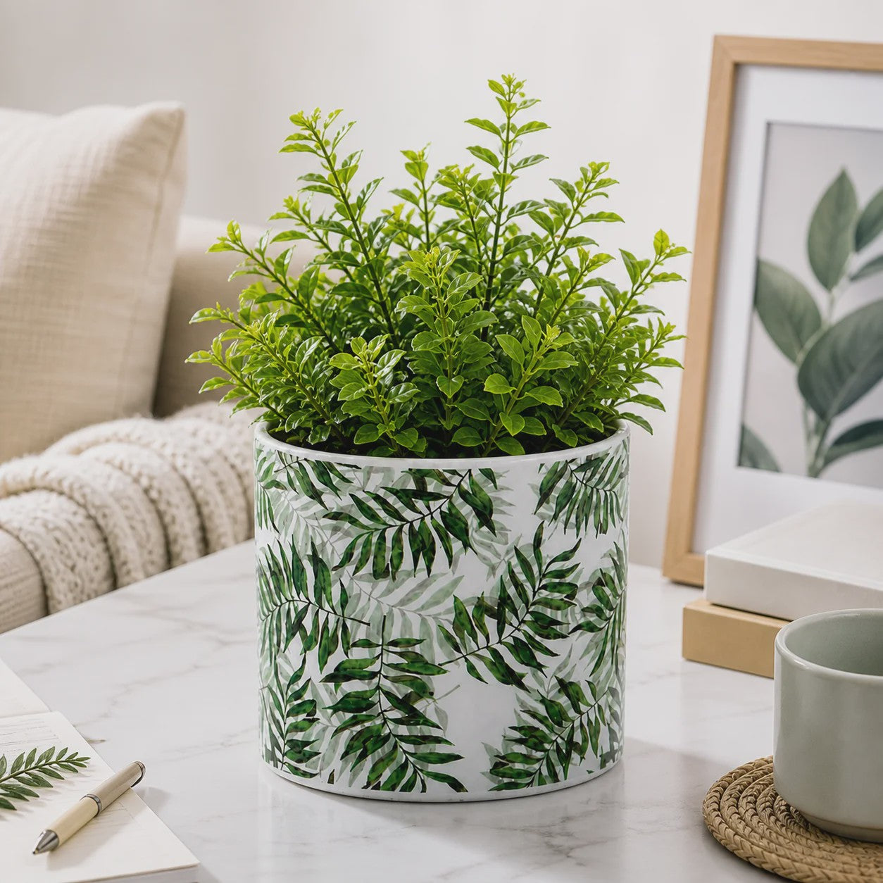 Decoratieve Keramische Bloempot met Groene Bladeren Print - 13x12cm Cilindrisch - Modern & Veelzijdig