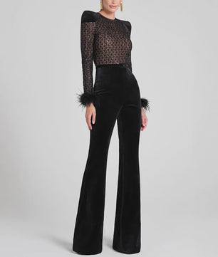 Elegante Dames Jumpsuit met Fluweel en Pailletten - Lange Mouwen & Flared Broek