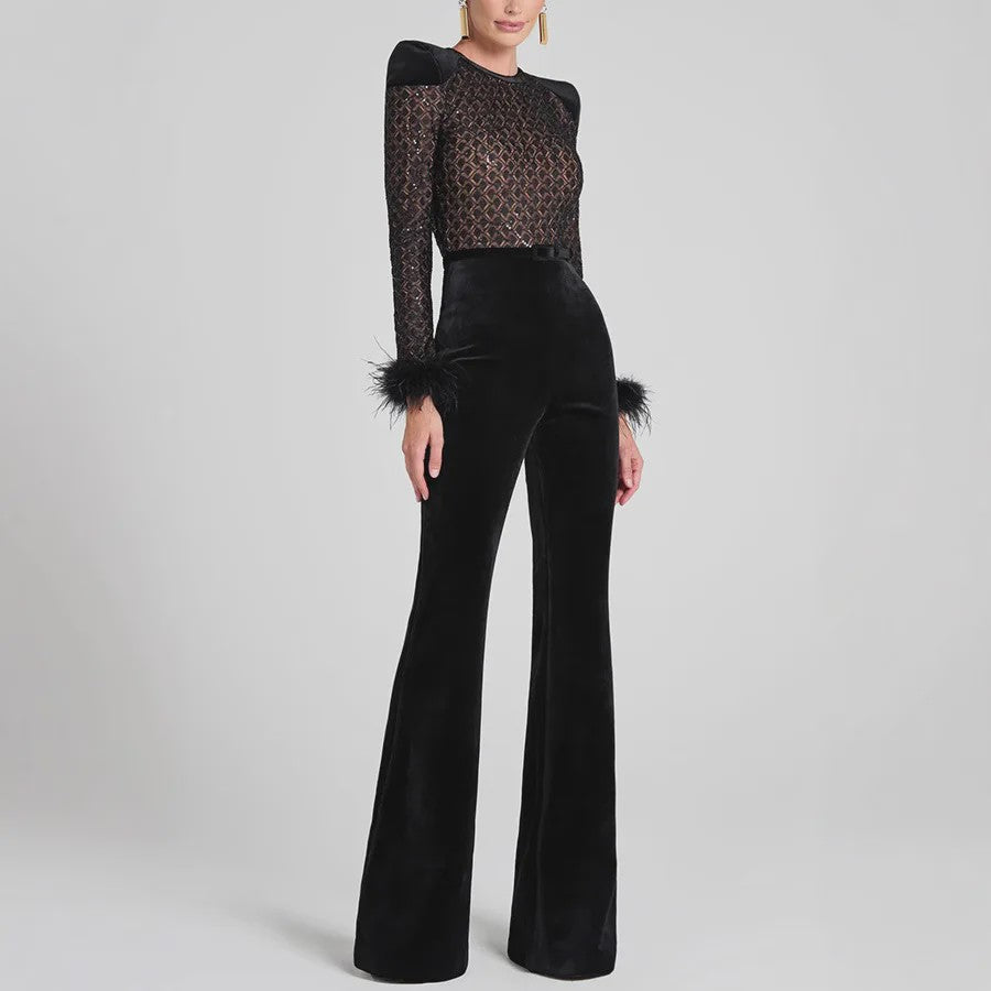 Elegante Dames Jumpsuit met Fluweel en Pailletten - Lange Mouwen & Flared Broek
