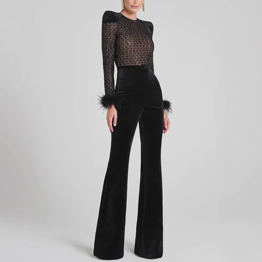 Elegante Dames Jumpsuit met Fluweel en Pailletten - Lange Mouwen & Flared Broek