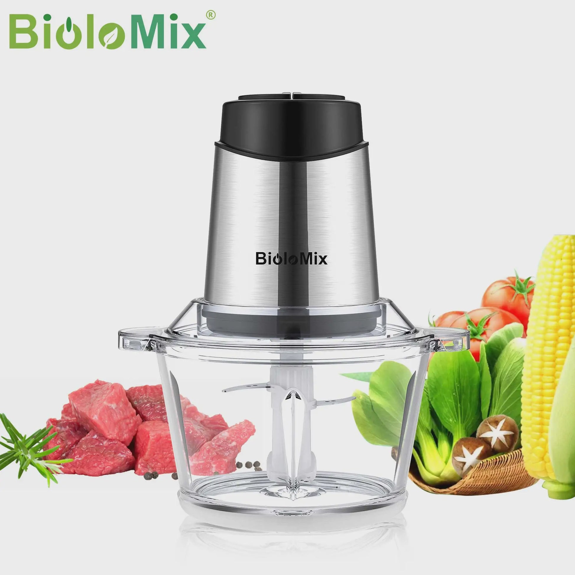 BioloMix 1.8L Glazen Foodprocessor & Gehaktmolen - Krachtig, Dubbele Snelheid