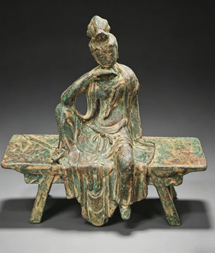 Antieke Guanyin Buddha Zittend op Bankje - Tibetaans Boeddhisme Beeld