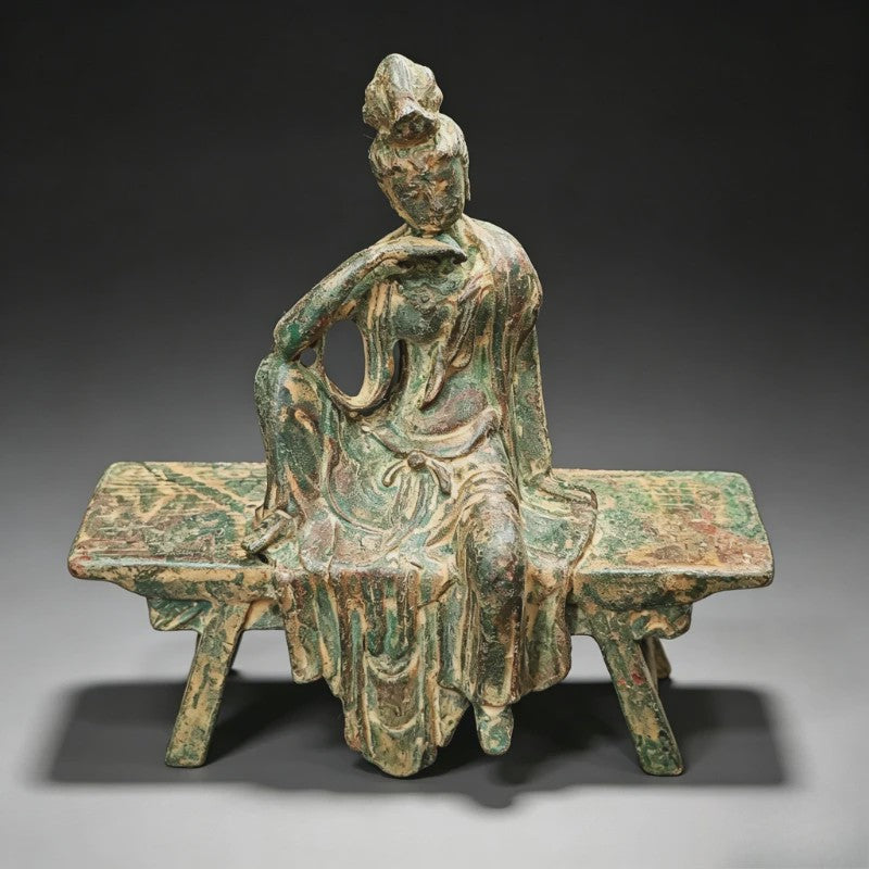 Antieke Guanyin Buddha Zittend op Bankje - Tibetaans Boeddhisme Beeld
