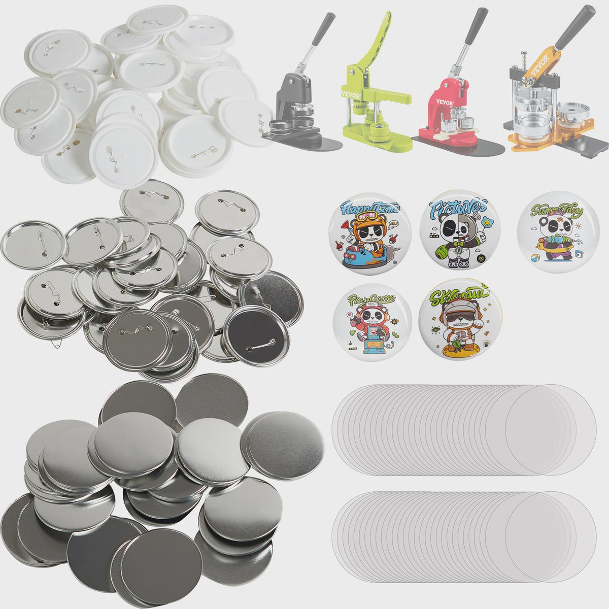 Set van 200/500 Button Badge Onderdelen: Metaal & Plastic Pin Badges in 25/32/58/75mm