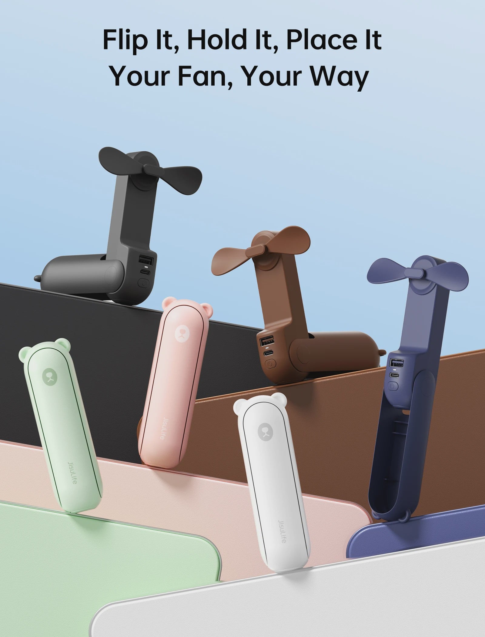 JISULIFE Draagbare Mini Ventilator: 3-in-1 USB Oplaadbaar met Powerbank & Zaklamp (4500mAh)