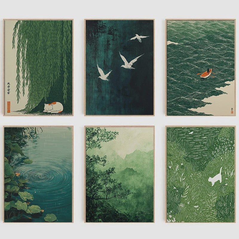 Japanse Zen Wanddecoratie: Canvas Print met Koi Vissen, Kraanvogels en Watergolven
