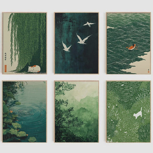 Japanse Zen Wanddecoratie: Canvas Print met Koi Vissen, Kraanvogels en Watergolven