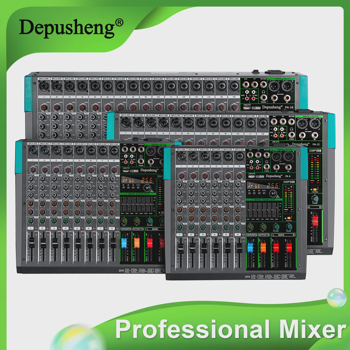 Depusheng Professionele Audio Mixer Console - 6/8/12/16 Kanalen DJ Sound Mixer met Digitale Effecten & USB