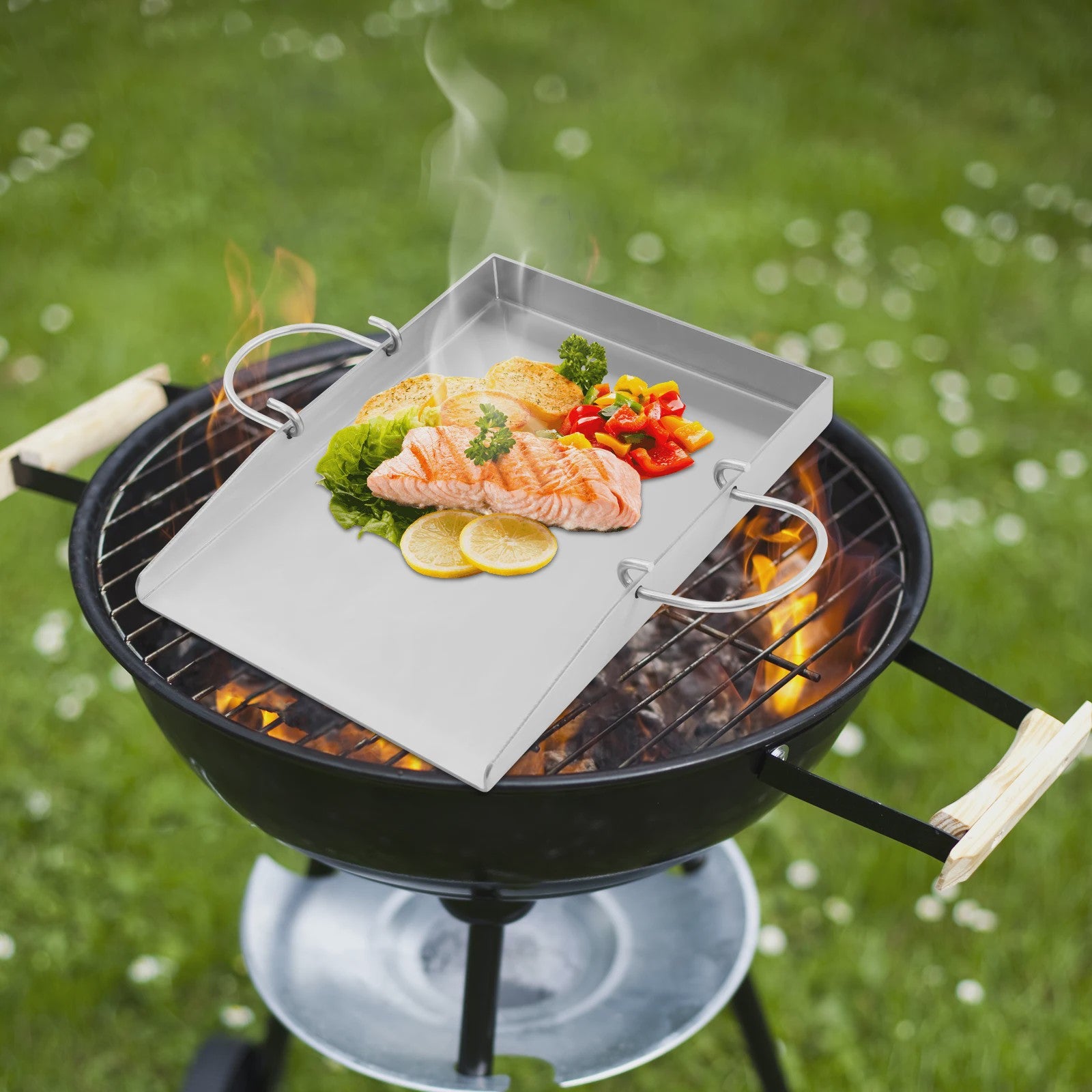 RVS Grillplaat met Handvatten en Spatels - Ideaal voor Buiten BBQ, Camping & Familie Diner