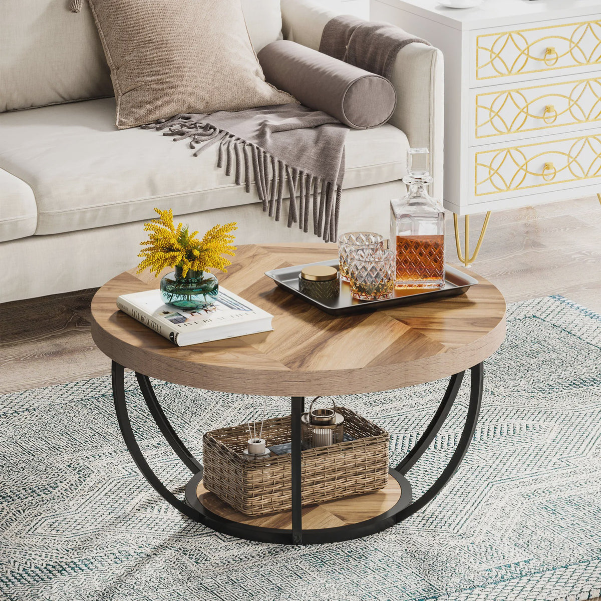 Industriële Ronde Salontafel met 2 Lagen Opslag - 31.7 inch