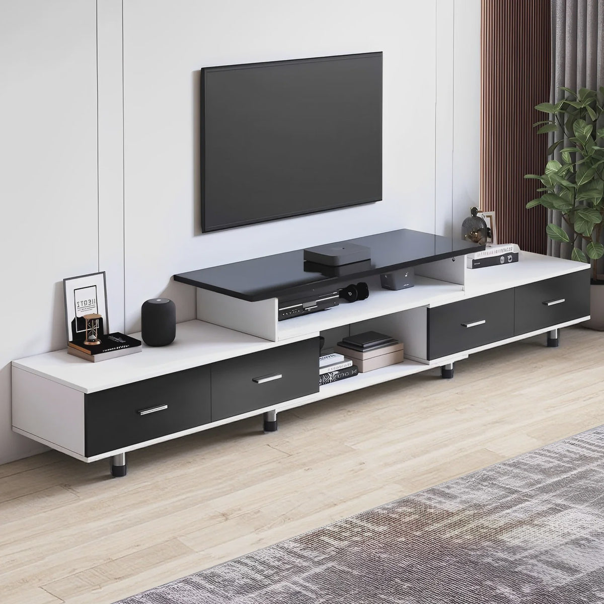 Uitschuifbaar TV Meubel 120-170 cm met 4 Lades, 3 Open Vakken en Metalen Frame