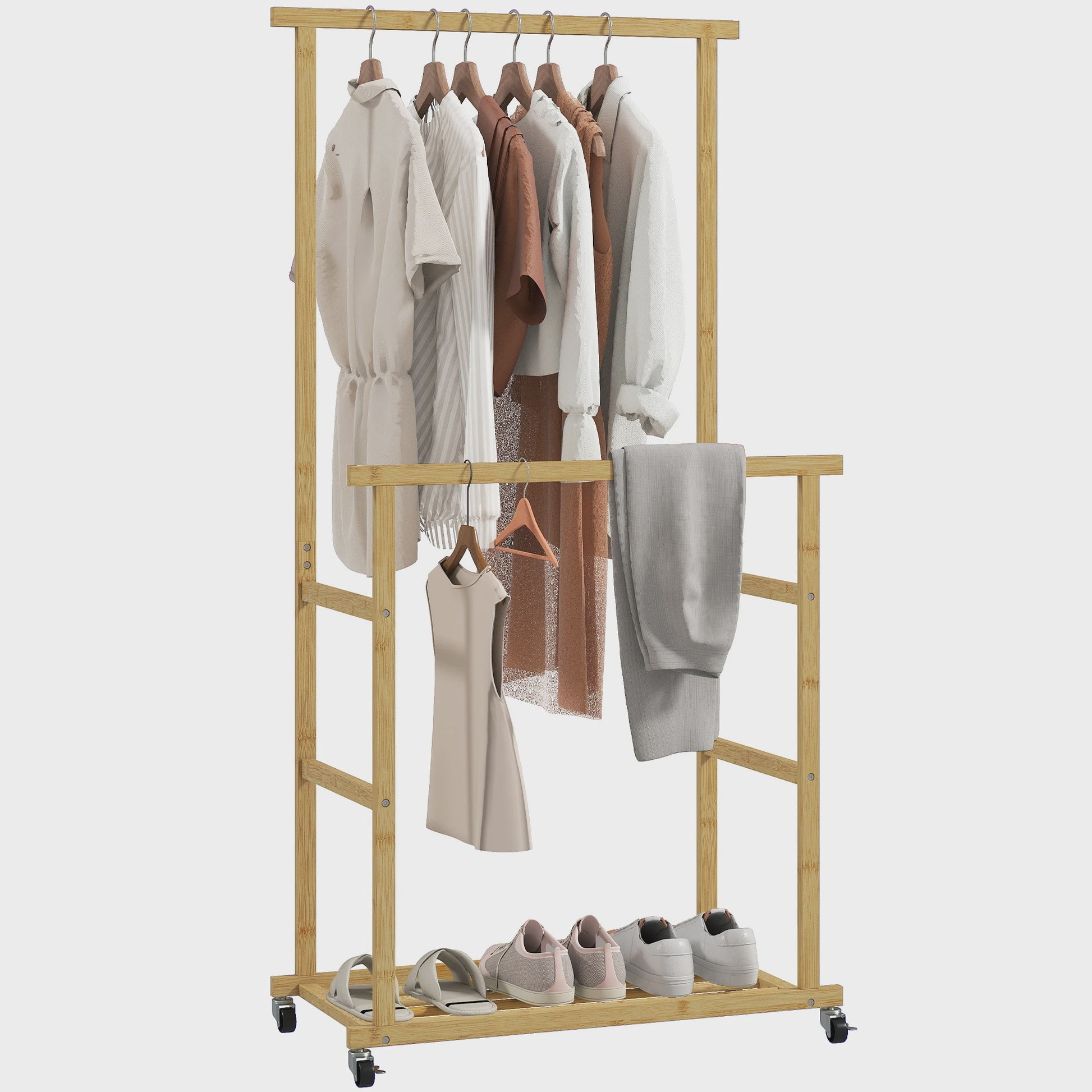 HOMCOM Bamboe Kledingrek met Wielen - Stijlvolle Garderobe voor Slaapkamer en Wasruimte