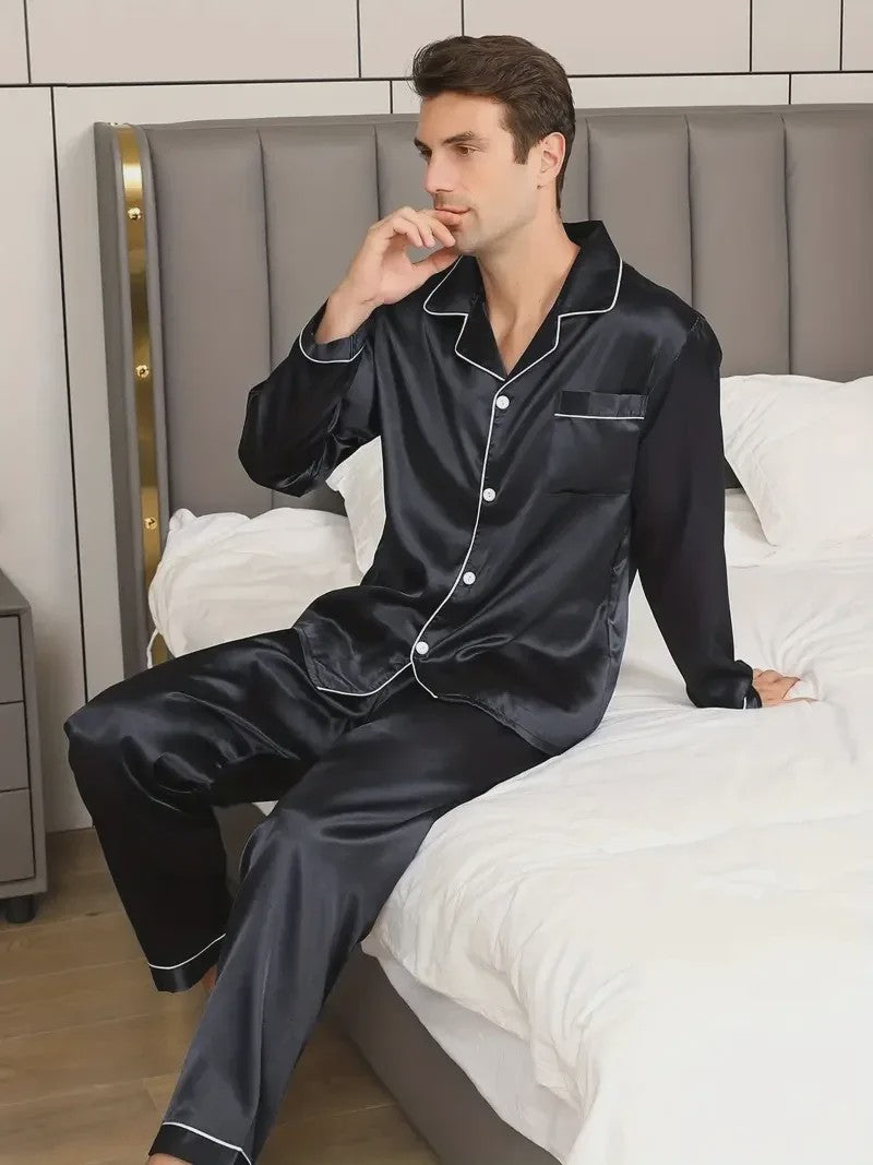 Luxe Heren Pyjama Set van Zijde Satijn: Comfortabele Lange Mouw & Grote Maten Home Suit