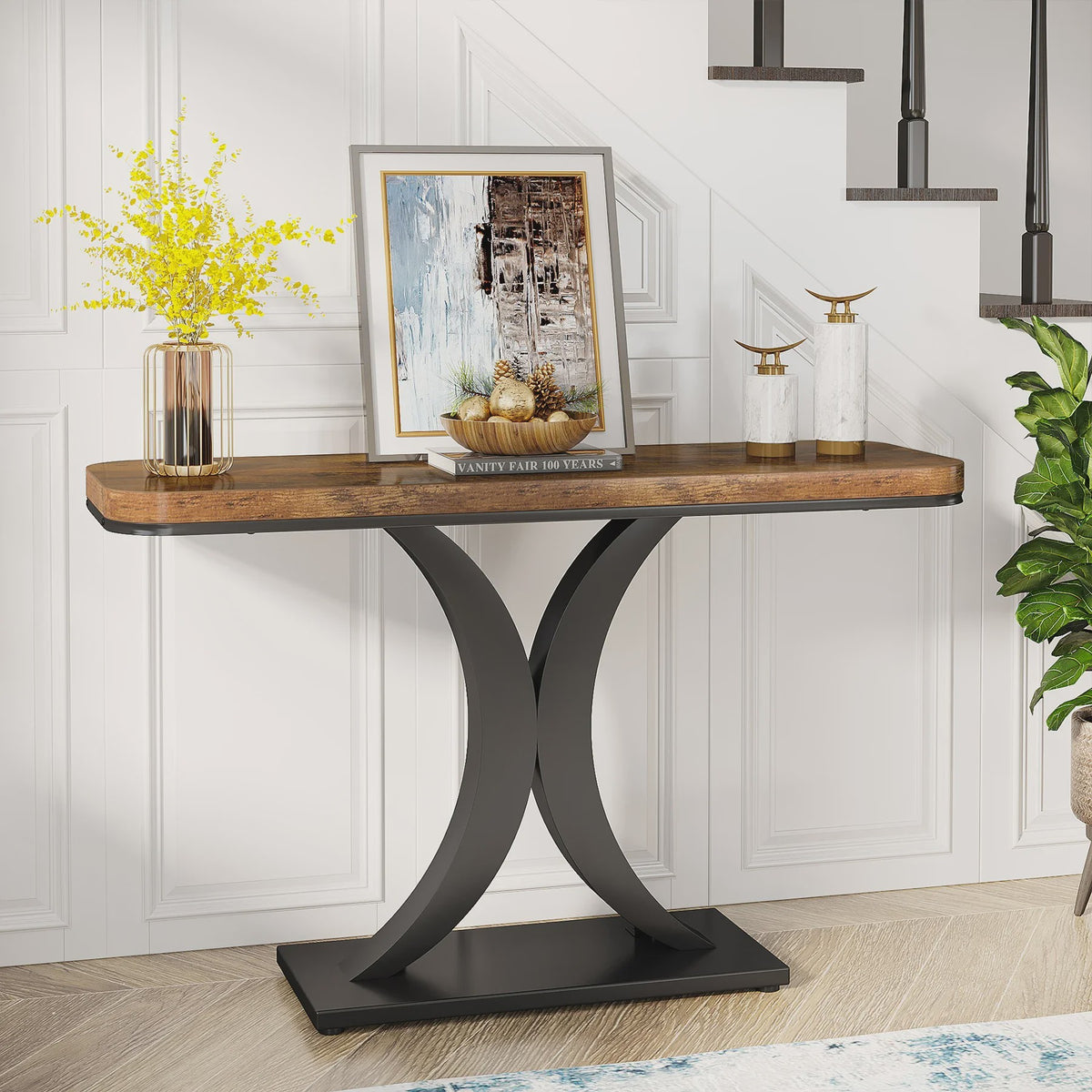 Tribesigns Industriële Console Tafel - 100cm Smalle Entree Tafel met Geometrische Basis en Rustiek Hout Design