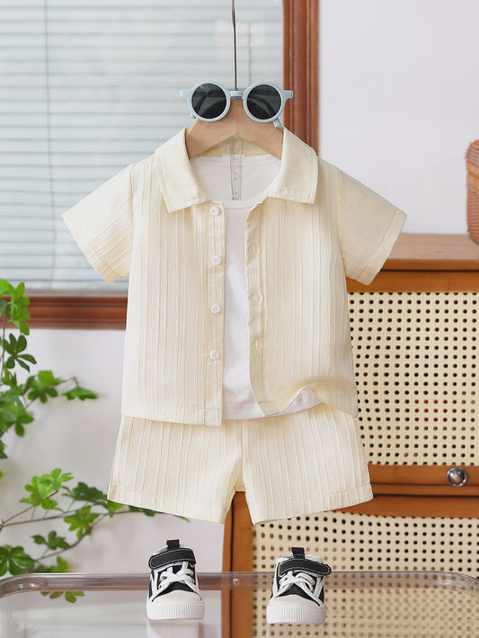 2026 Spring Summer Baby Boy Textured&Ribbed Short Sleeve Shirt & Shorts2-Piece Sets2-6Years: Soft Fabric Easy Wear Home Outdoor