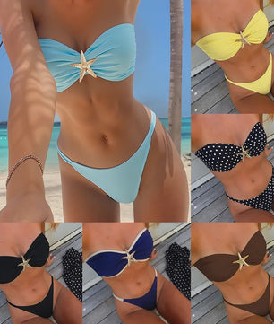 Dames Push-Up Bikini Set met Zeester Decoratie - High Cut & Tie Side - Zomer Vakantie Beachwear