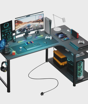 COMHOMA Hoekbureau met Planken, 120cm Gaming PC Bureau met USB Laadpoort en Stopcontact
