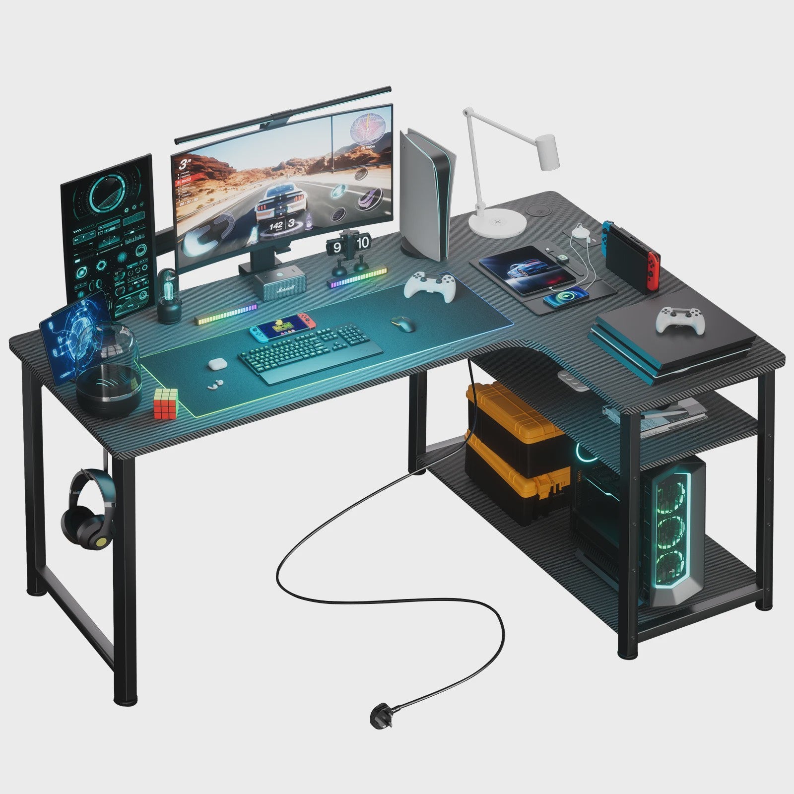 COMHOMA Hoekbureau met Planken, 120cm Gaming PC Bureau met USB Laadpoort en Stopcontact