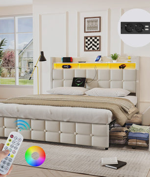 Luxe Gestoffeerd 2-Persoons Bed 140x190cm met PU Hoofdbord, LED Verlichting, USB & Opbergruimte