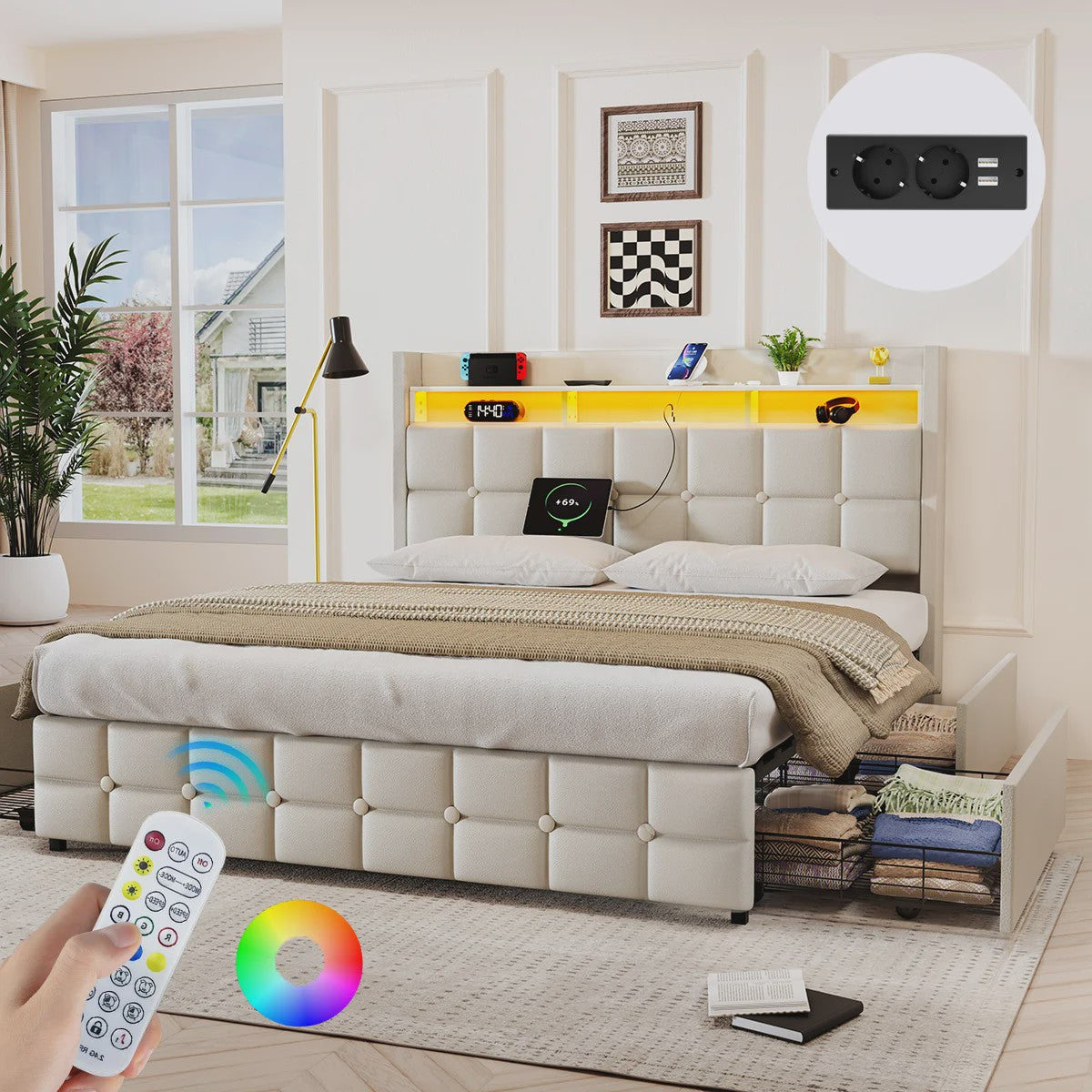 Luxe Gestoffeerd 2-Persoons Bed 140x190cm met PU Hoofdbord, LED Verlichting, USB & Opbergruimte