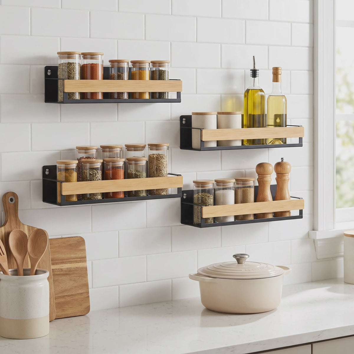 4-delige Bamboe Kruidenrek Set voor Wandmontage - Keuken Organizer