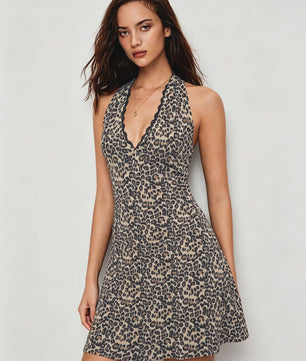 Zomerjurk Dames met Halter V-hals, Luipaardprint en Kant