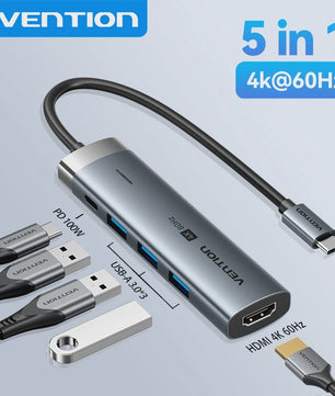 Vention 5-in-1 USB-C Hub: 4K@60Hz HDMI, 3x USB 3.0, PD 100W Docking Station