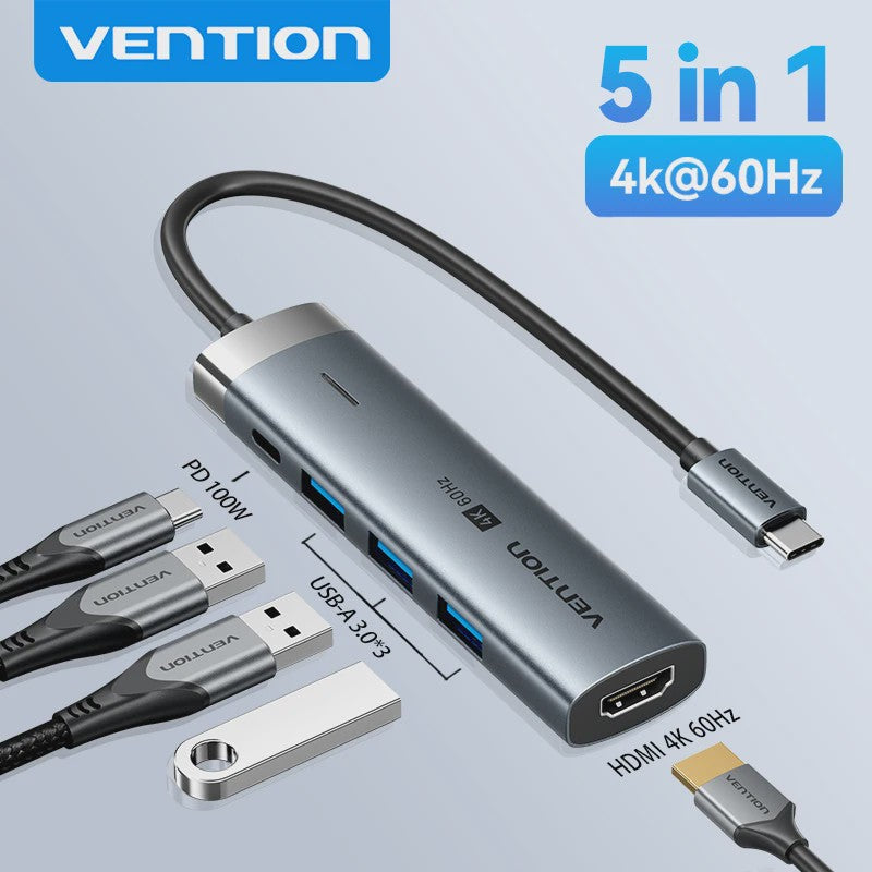 Vention 5-in-1 USB-C Hub: 4K@60Hz HDMI, 3x USB 3.0, PD 100W Docking Station