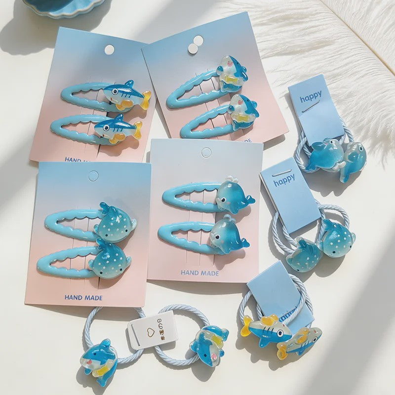 Schattige Haarklemmen & Elastiekjes Set met Haai & Visjes - 4 Delig