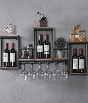 Industriële Houten Wijnrek Wandmontage met Glashouder - Bar & Café Stijl