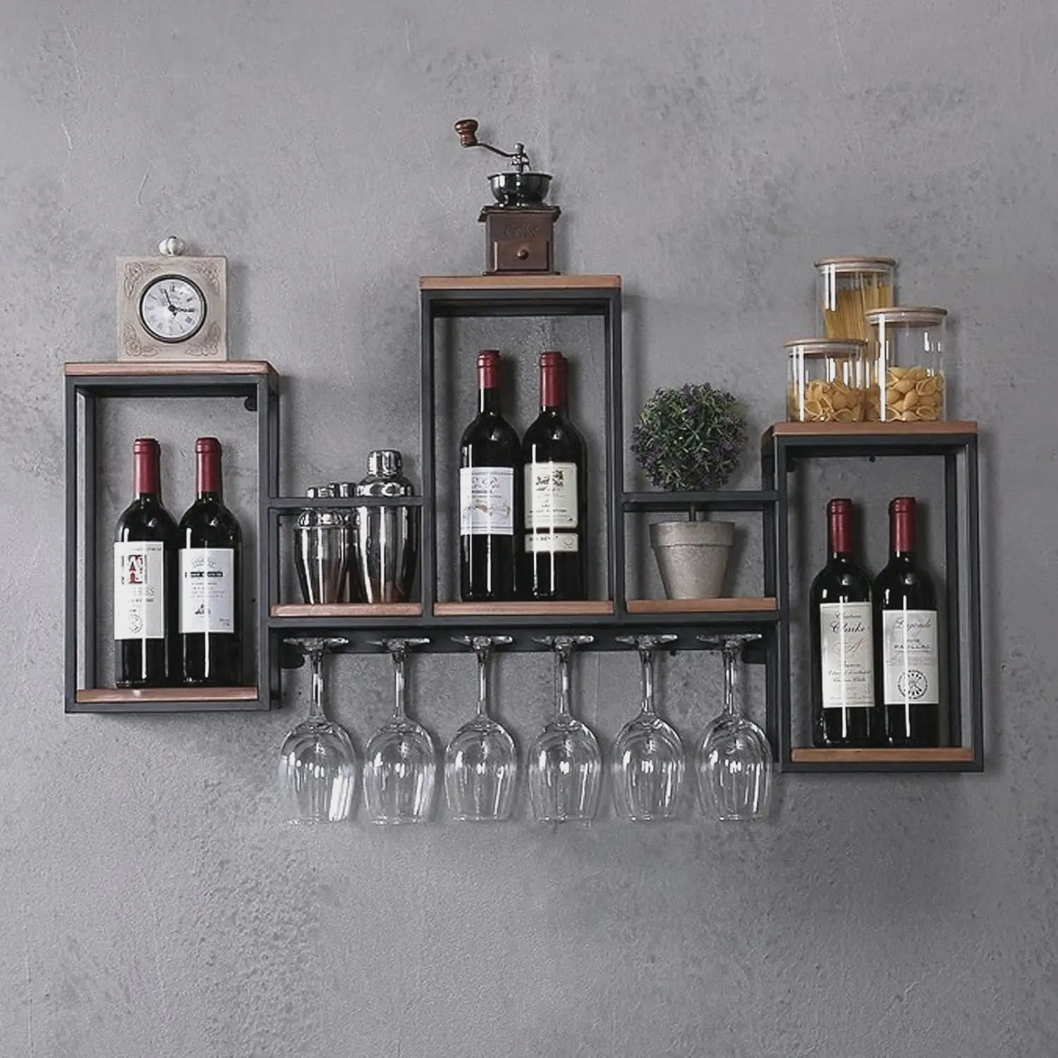 Industriële Houten Wijnrek Wandmontage met Glashouder - Bar & Café Stijl