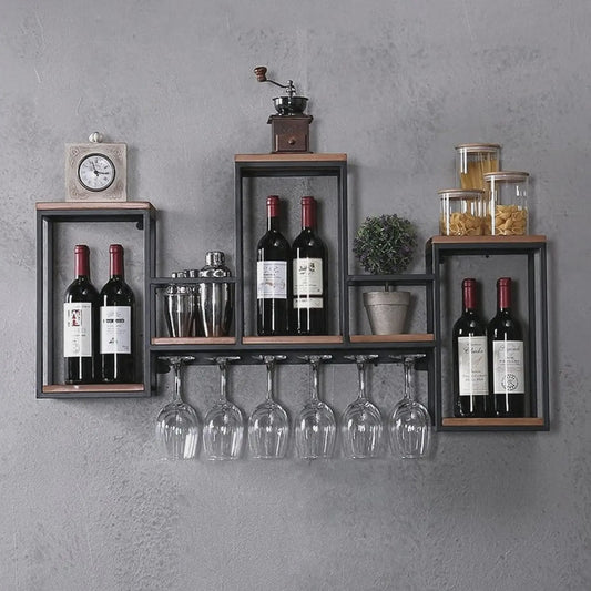 Industriële Houten Wijnrek Wandmontage met Glashouder - Bar & Café Stijl