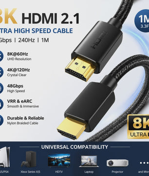 HDMI 2.1 Kabel 1M - 8K 60Hz, 4K 240Hz, 48Gbps, HDR, eARC - Gevlochten Nylon