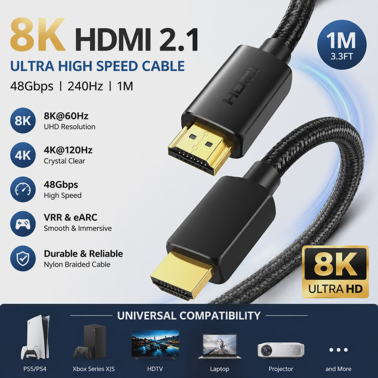 HDMI 2.1 Kabel 1M - 8K 60Hz, 4K 240Hz, 48Gbps, HDR, eARC - Gevlochten Nylon