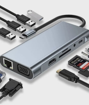 11-in-1 USB-C Hub: Netwerk, HDMI, VGA, USB 3.0 & Kaartlezers voor MacBook