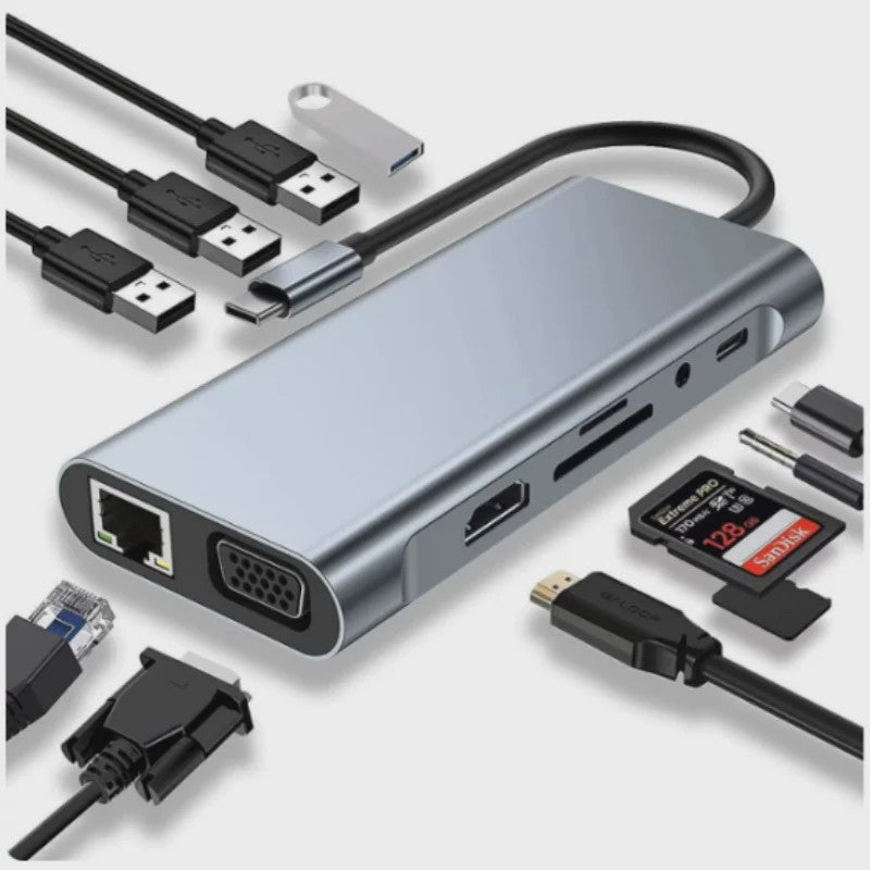 11-in-1 USB-C Hub: Netwerk, HDMI, VGA, USB 3.0 & Kaartlezers voor MacBook